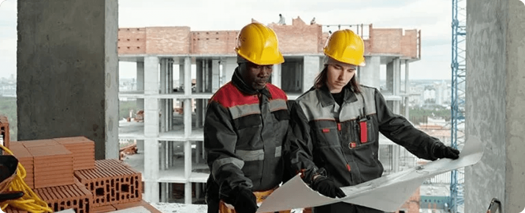 Licensed South Carolina contractors and project managers reviewing technical plans at a commercial construction development site.