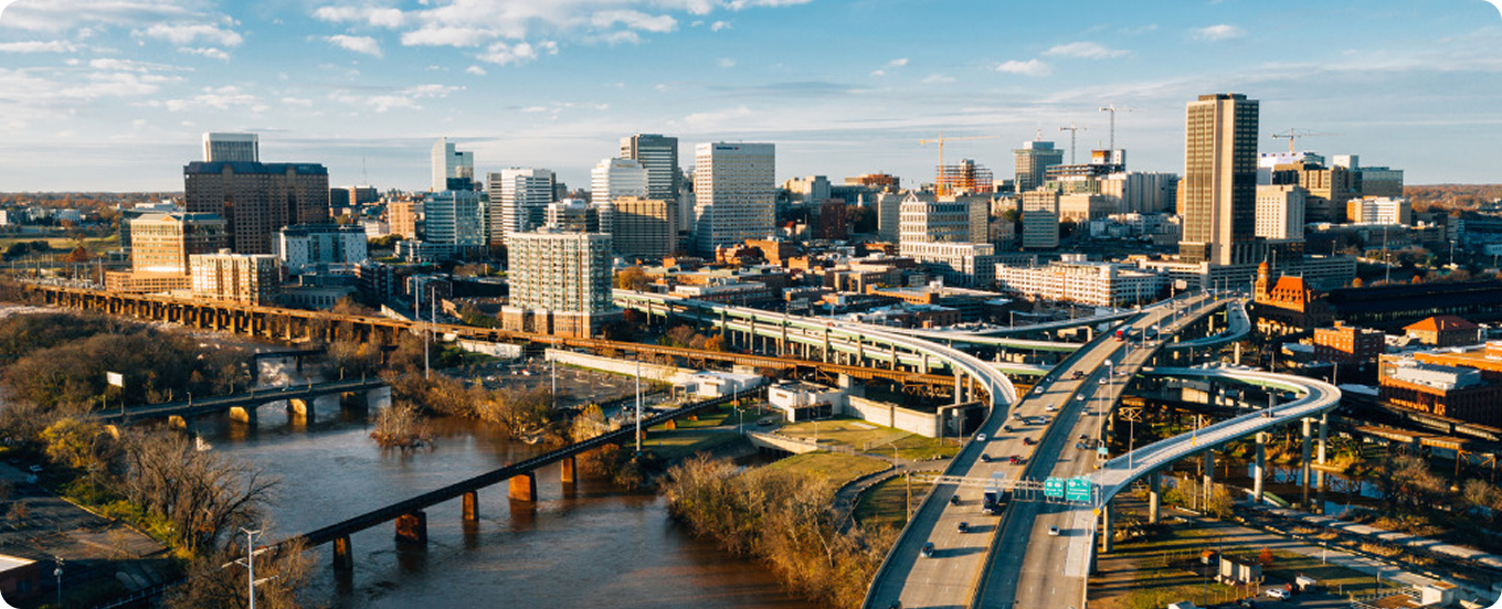 Urban infrastructure and commercial development in Richmond, Virginia, showcasing the scope of work for Virginia licensed contractors.