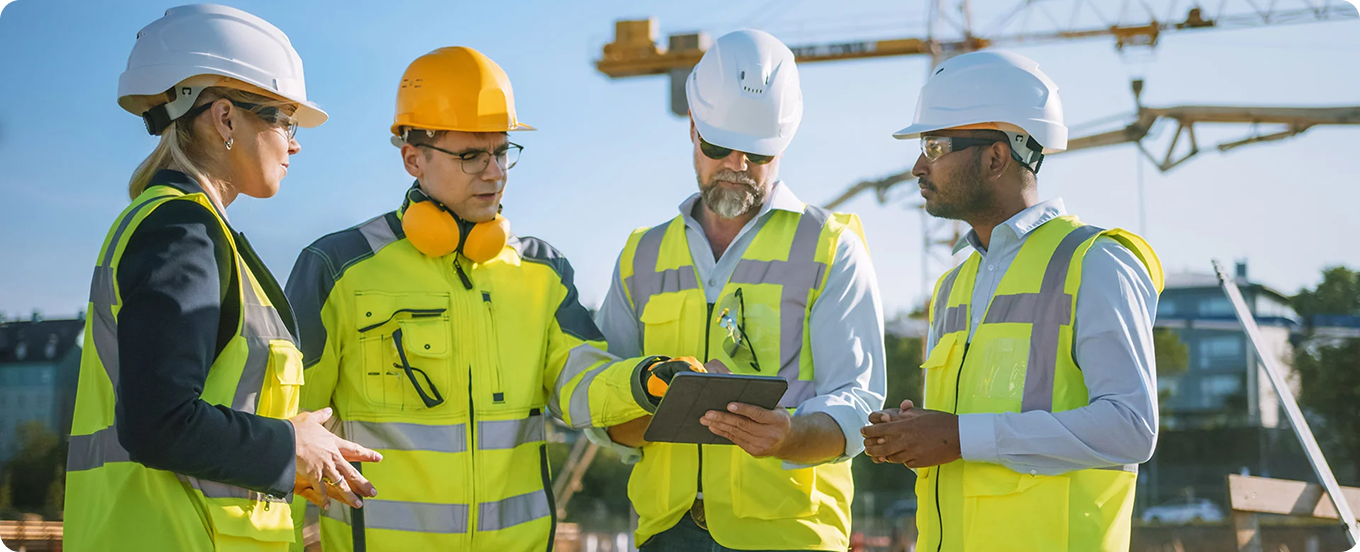A licensed qualifying agent using a digital tablet for project management and site inspections at a commercial building project.